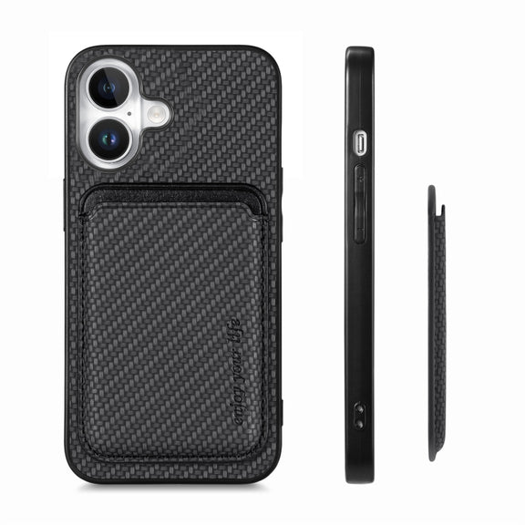 For iPhone 16 Plus Carbon Fiber Leather Card Magsafe Phone Case(Black)