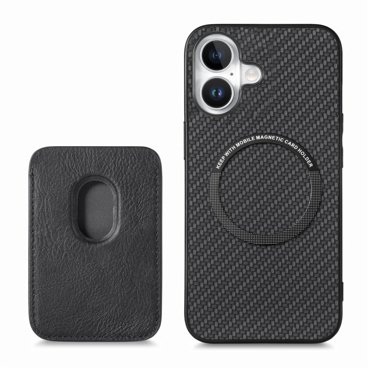 For iPhone 16 Plus Carbon Fiber Leather Card Magsafe Phone Case(Black)