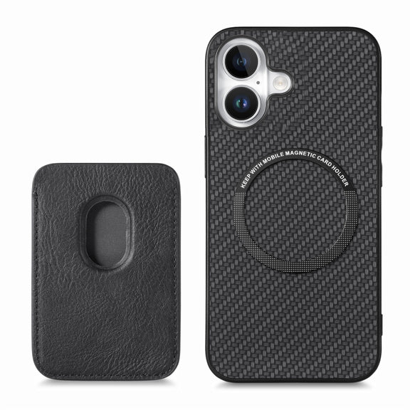 For iPhone 16 Plus Carbon Fiber Leather Card Magsafe Phone Case(Black)