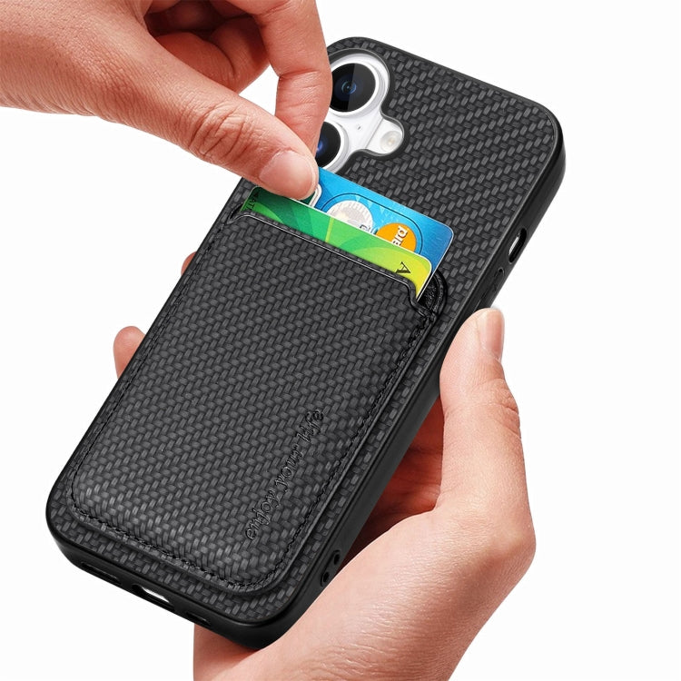 For iPhone 16 Plus Carbon Fiber Leather Card Magsafe Phone Case(Black)