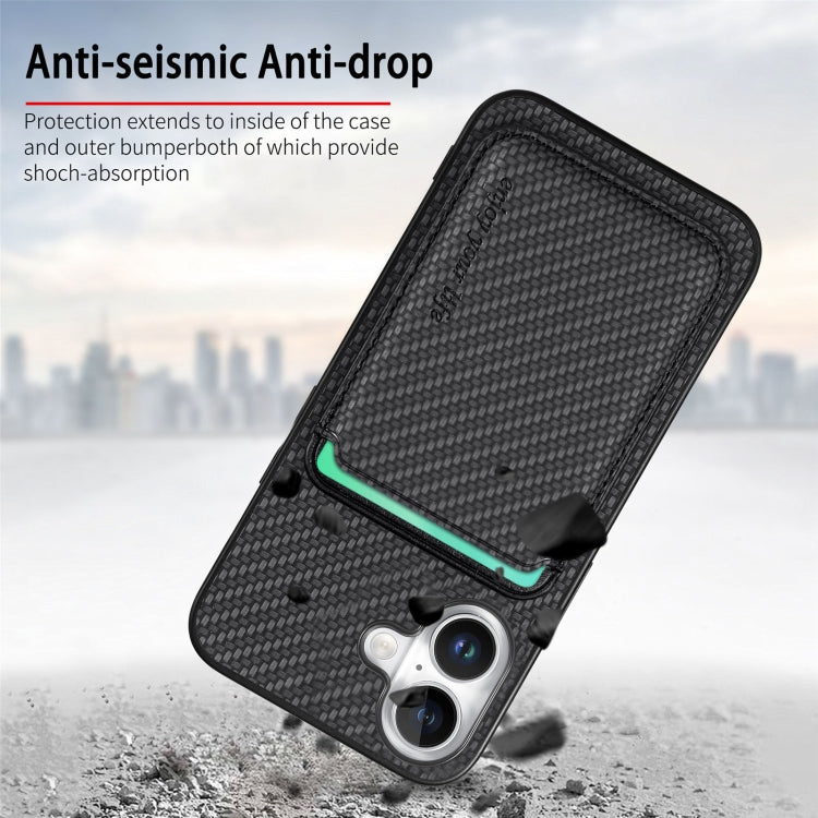 For iPhone 16 Plus Carbon Fiber Leather Card Magsafe Phone Case(Black)