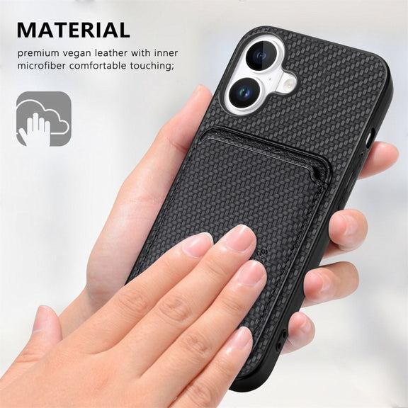 For iPhone 16 Plus Carbon Fiber Leather Card Magsafe Phone Case(Black)