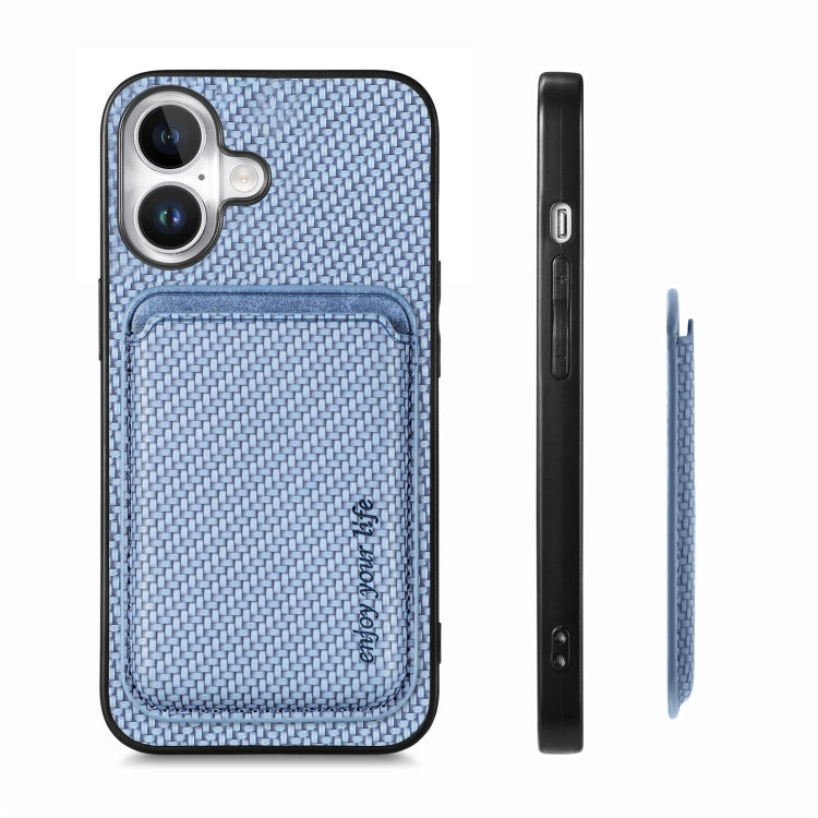 For iPhone 16 Plus Carbon Fiber Leather Card Magsafe Phone Case(Blue)