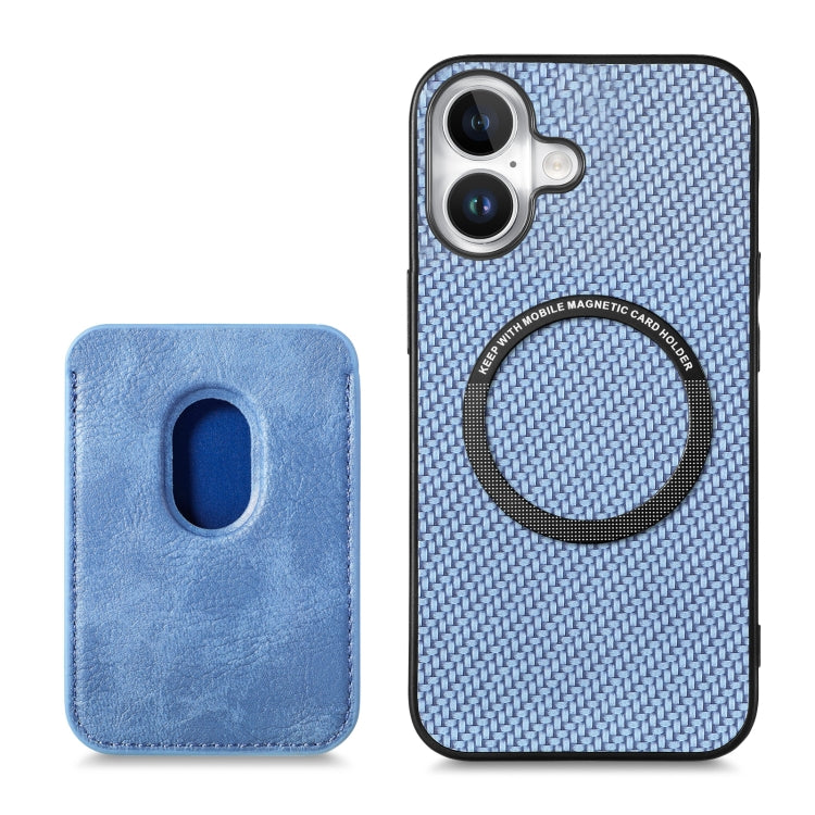 For iPhone 16 Plus Carbon Fiber Leather Card Magsafe Phone Case(Blue)
