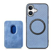For iPhone 16 Plus Carbon Fiber Leather Card Magsafe Phone Case(Blue)
