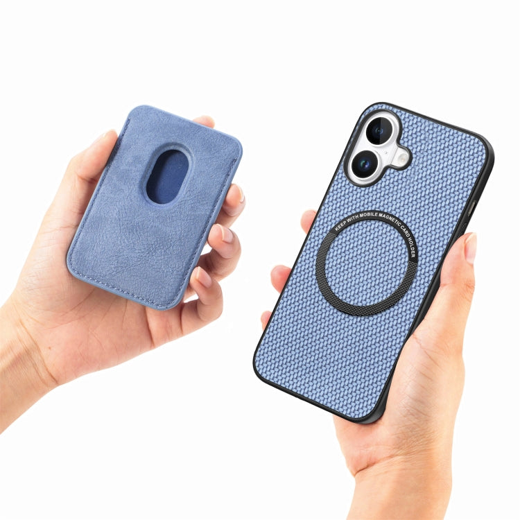 For iPhone 16 Plus Carbon Fiber Leather Card Magsafe Phone Case(Blue)
