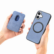 For iPhone 16 Plus Carbon Fiber Leather Card Magsafe Phone Case(Blue)