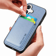 For iPhone 16 Plus Carbon Fiber Leather Card Magsafe Phone Case(Blue)