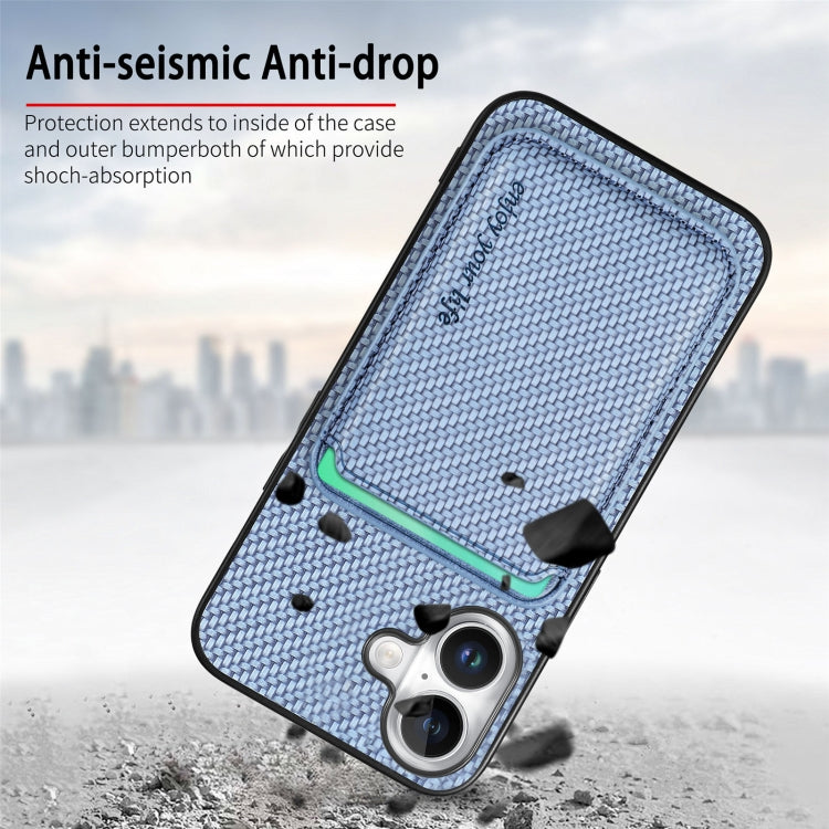 For iPhone 16 Plus Carbon Fiber Leather Card Magsafe Phone Case(Blue)