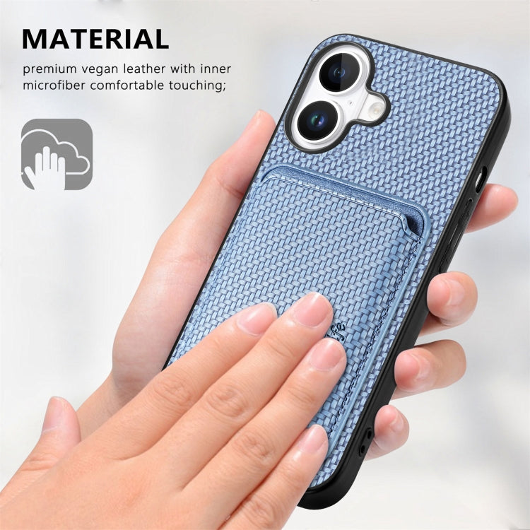 For iPhone 16 Plus Carbon Fiber Leather Card Magsafe Phone Case(Blue)
