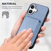 For iPhone 16 Plus Carbon Fiber Leather Card Magsafe Phone Case(Blue)