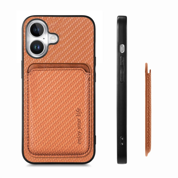 For iPhone 16 Plus Carbon Fiber Leather Card Magsafe Phone Case(Brown)