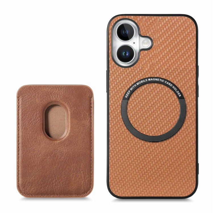 For iPhone 16 Plus Carbon Fiber Leather Card Magsafe Phone Case(Brown)