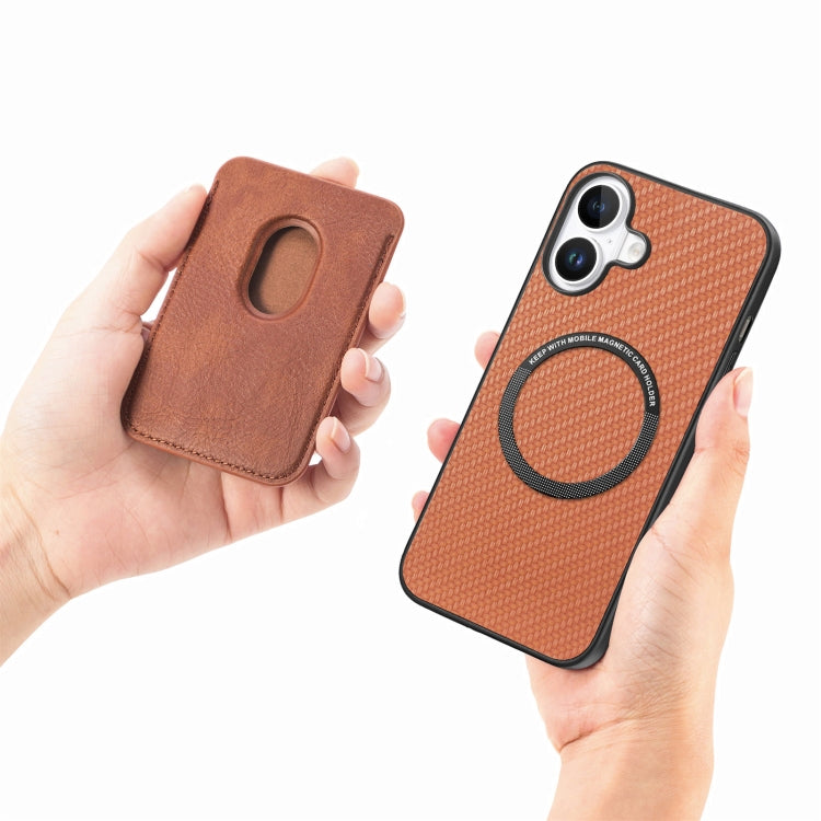 For iPhone 16 Plus Carbon Fiber Leather Card Magsafe Phone Case(Brown)