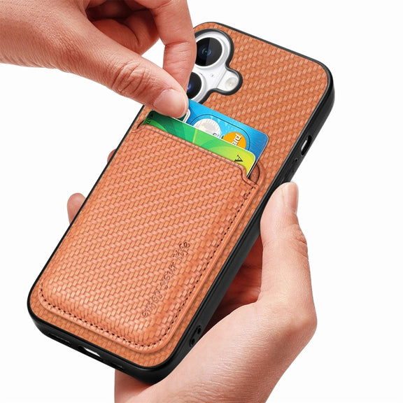 For iPhone 16 Plus Carbon Fiber Leather Card Magsafe Phone Case(Brown)