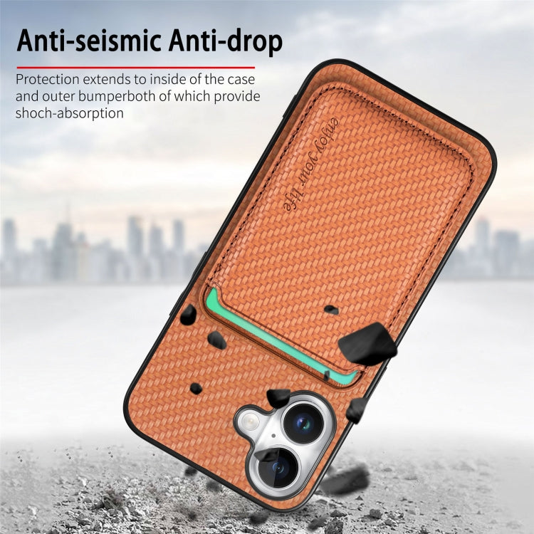 For iPhone 16 Plus Carbon Fiber Leather Card Magsafe Phone Case(Brown)