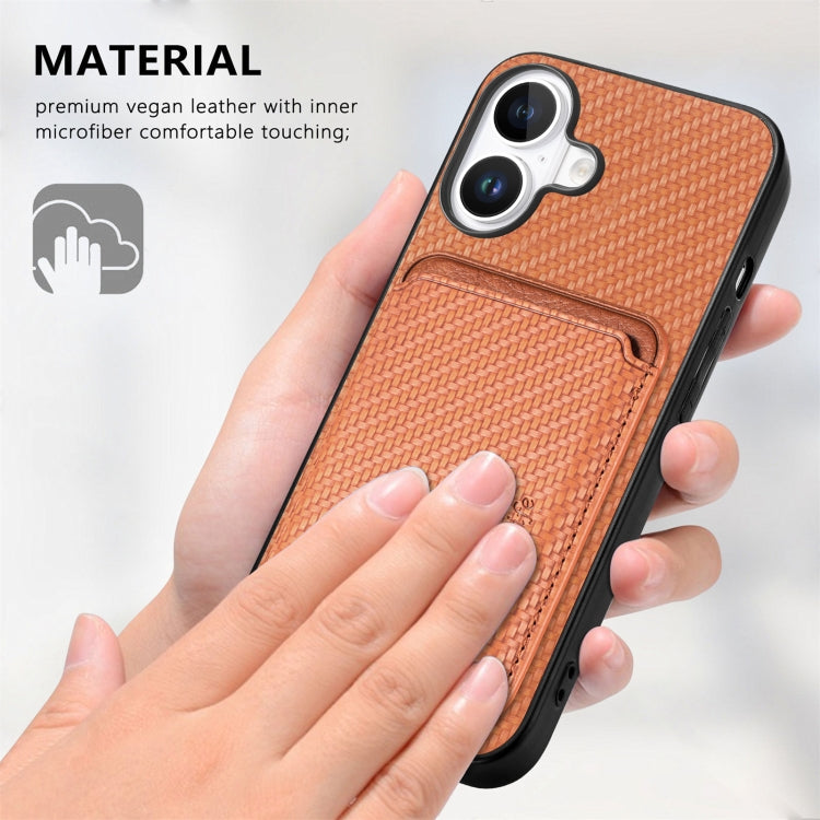 For iPhone 16 Plus Carbon Fiber Leather Card Magsafe Phone Case(Brown)