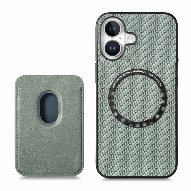 For iPhone 16 Plus Carbon Fiber Leather Card Magsafe Phone Case(Green)