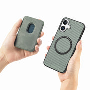 For iPhone 16 Plus Carbon Fiber Leather Card Magsafe Phone Case(Green)