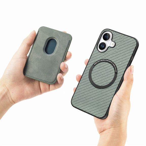 For iPhone 16 Plus Carbon Fiber Leather Card Magsafe Phone Case(Green)