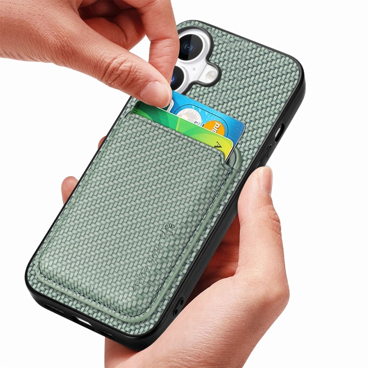 For iPhone 16 Plus Carbon Fiber Leather Card Magsafe Phone Case(Green)