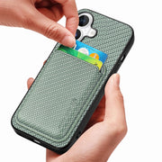 For iPhone 16 Plus Carbon Fiber Leather Card Magsafe Phone Case(Green)