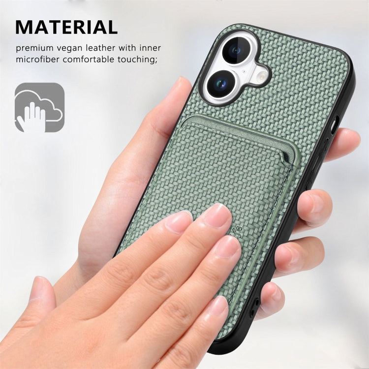 For iPhone 16 Plus Carbon Fiber Leather Card Magsafe Phone Case(Green)