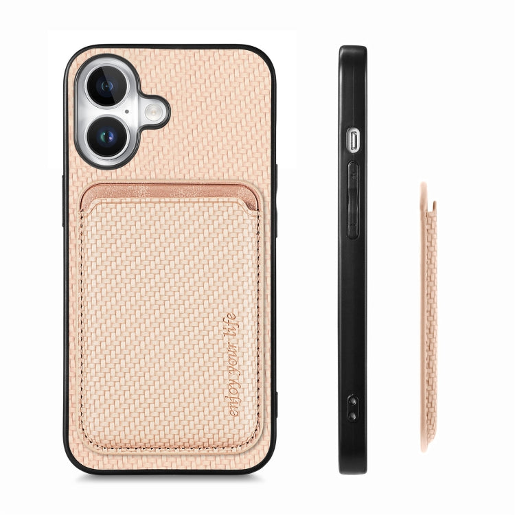 For iPhone 16 Plus Carbon Fiber Leather Card Magsafe Phone Case(Khaki)