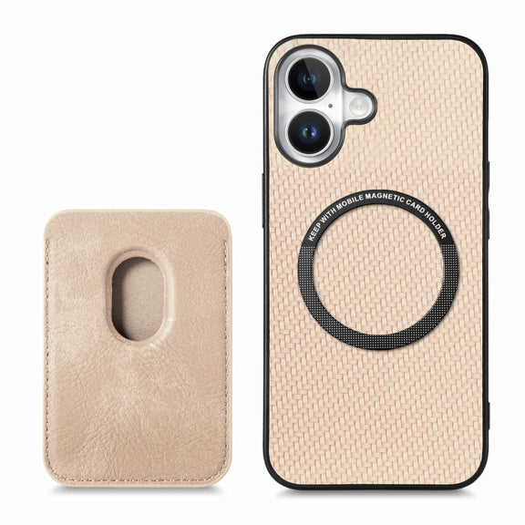 For iPhone 16 Plus Carbon Fiber Leather Card Magsafe Phone Case(Khaki)