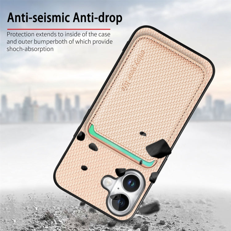 For iPhone 16 Plus Carbon Fiber Leather Card Magsafe Phone Case(Khaki)