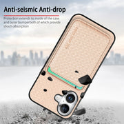 For iPhone 16 Plus Carbon Fiber Leather Card Magsafe Phone Case(Khaki)