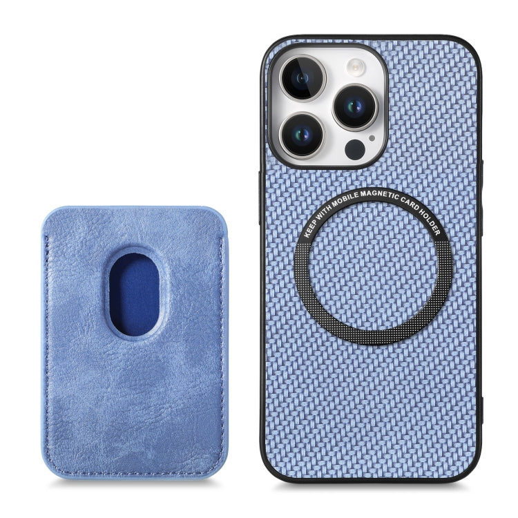For iPhone 16 Pro Carbon Fiber Leather Card Magsafe Phone Case(Blue)