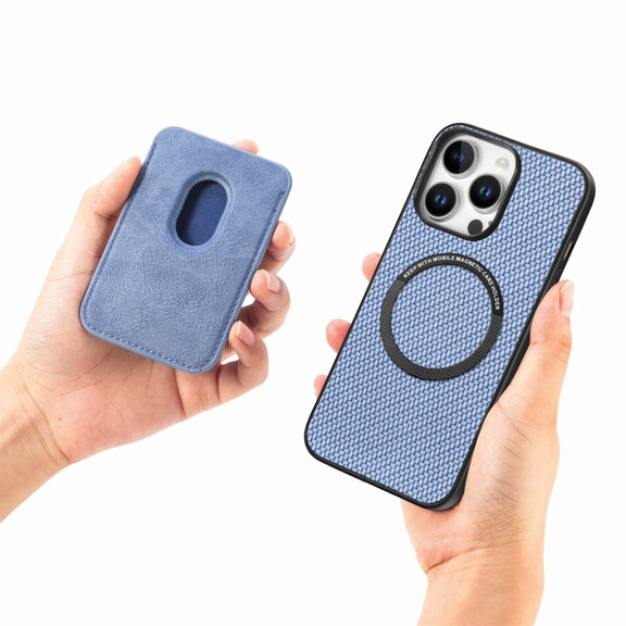 For iPhone 16 Pro Carbon Fiber Leather Card Magsafe Phone Case(Blue)