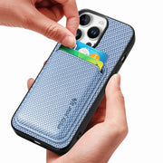 For iPhone 16 Pro Carbon Fiber Leather Card Magsafe Phone Case(Blue)