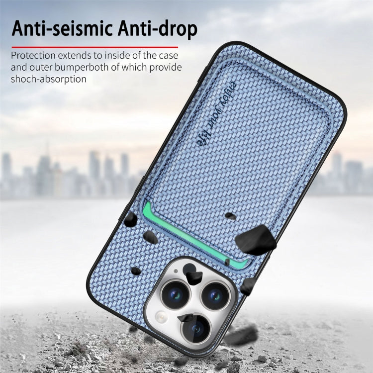 For iPhone 16 Pro Carbon Fiber Leather Card Magsafe Phone Case(Blue)
