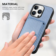 For iPhone 16 Pro Carbon Fiber Leather Card Magsafe Phone Case(Blue)