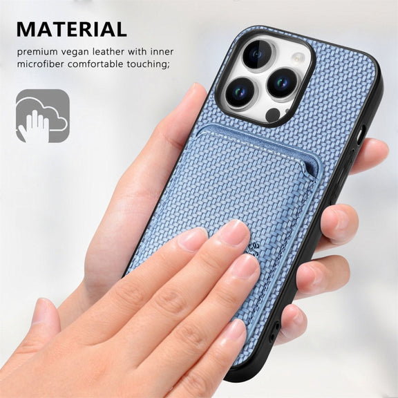 For iPhone 16 Pro Carbon Fiber Leather Card Magsafe Phone Case(Blue)