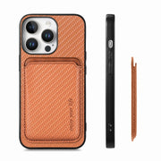 For iPhone 16 Pro Carbon Fiber Leather Card Magsafe Phone Case(Brown)