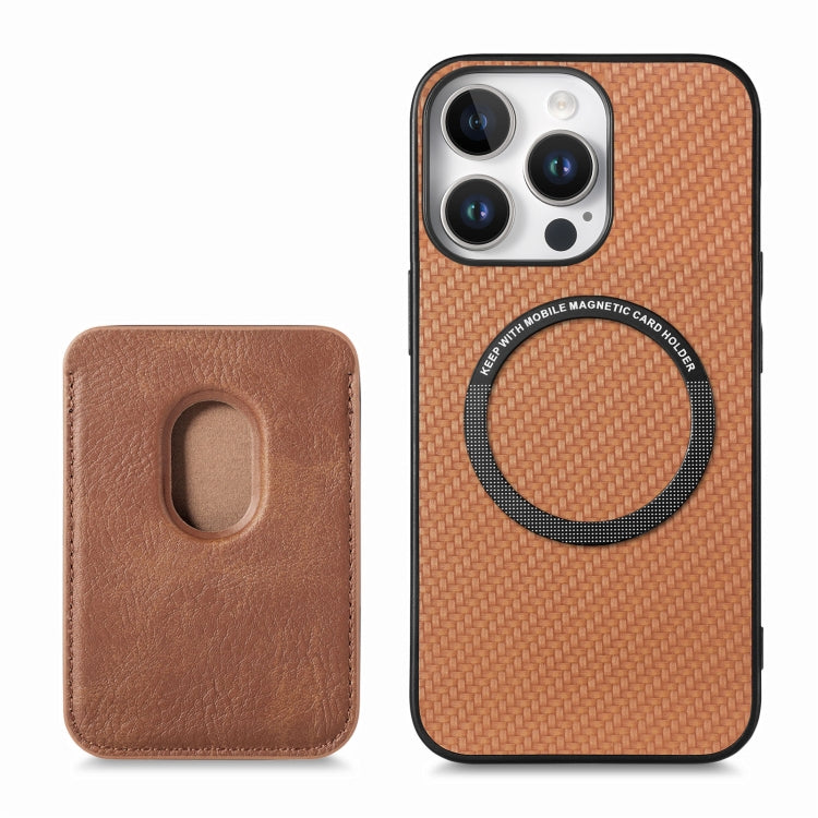 For iPhone 16 Pro Carbon Fiber Leather Card Magsafe Phone Case(Brown)