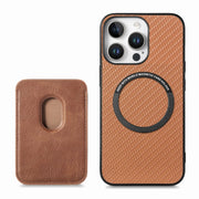 For iPhone 16 Pro Carbon Fiber Leather Card Magsafe Phone Case(Brown)