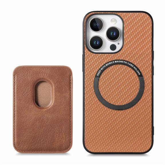 For iPhone 16 Pro Carbon Fiber Leather Card Magsafe Phone Case(Brown)
