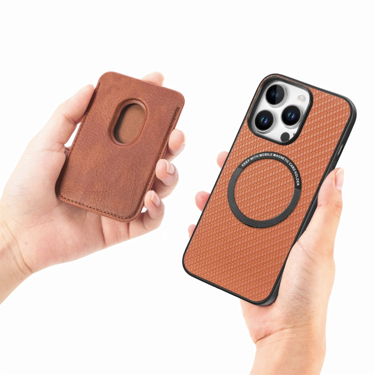 For iPhone 16 Pro Carbon Fiber Leather Card Magsafe Phone Case(Brown)