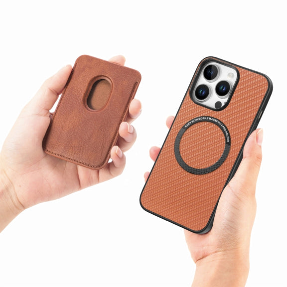 For iPhone 16 Pro Carbon Fiber Leather Card Magsafe Phone Case(Brown)
