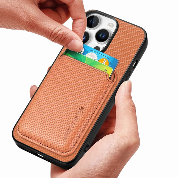For iPhone 16 Pro Carbon Fiber Leather Card Magsafe Phone Case(Brown)