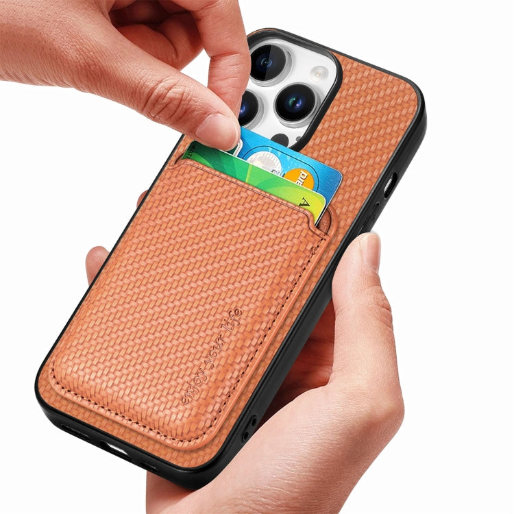 For iPhone 16 Pro Carbon Fiber Leather Card Magsafe Phone Case(Brown)