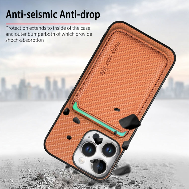 For iPhone 16 Pro Carbon Fiber Leather Card Magsafe Phone Case(Brown)