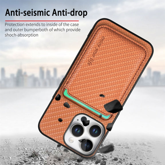 For iPhone 16 Pro Carbon Fiber Leather Card Magsafe Phone Case(Brown)