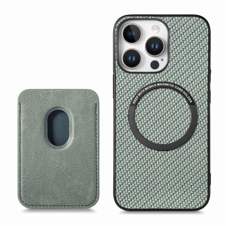For iPhone 16 Pro Carbon Fiber Leather Card Magsafe Phone Case(Green)