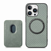 For iPhone 16 Pro Carbon Fiber Leather Card Magsafe Phone Case(Green)