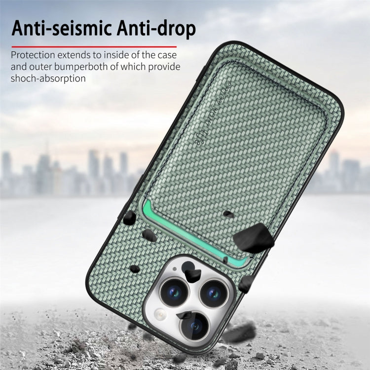 For iPhone 16 Pro Carbon Fiber Leather Card Magsafe Phone Case(Green)
